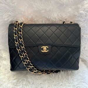 Chanel Black Jumbo Quilted Shoulder Bag with Gold Chain